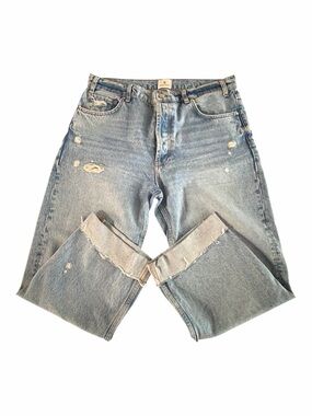 Anine Bing Gavin Jean Size 32 Light Wash Distressed Wide Leg Raw Hem